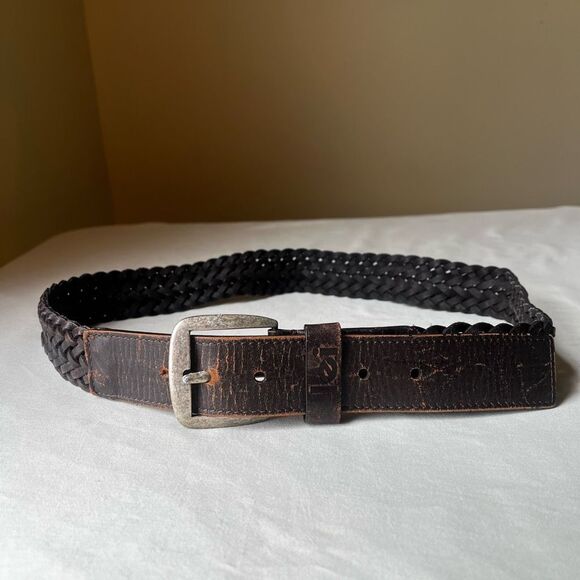 Vintage Accessories - Vintage Y2K Distressed Braided Leather Belt Dark Brown with Silver Buckle 34